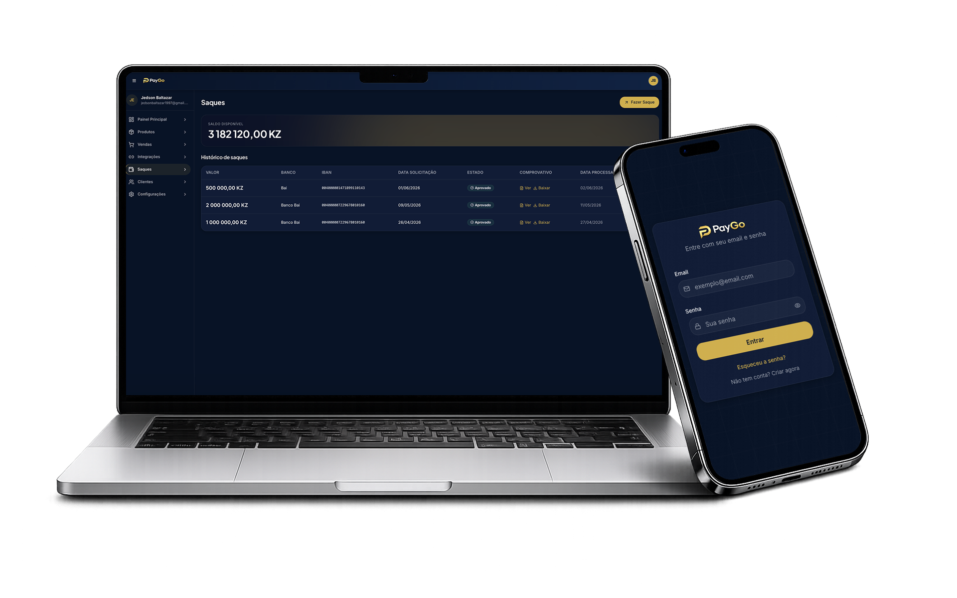 PayGo — painel de saques no portátil e login no telemóvel